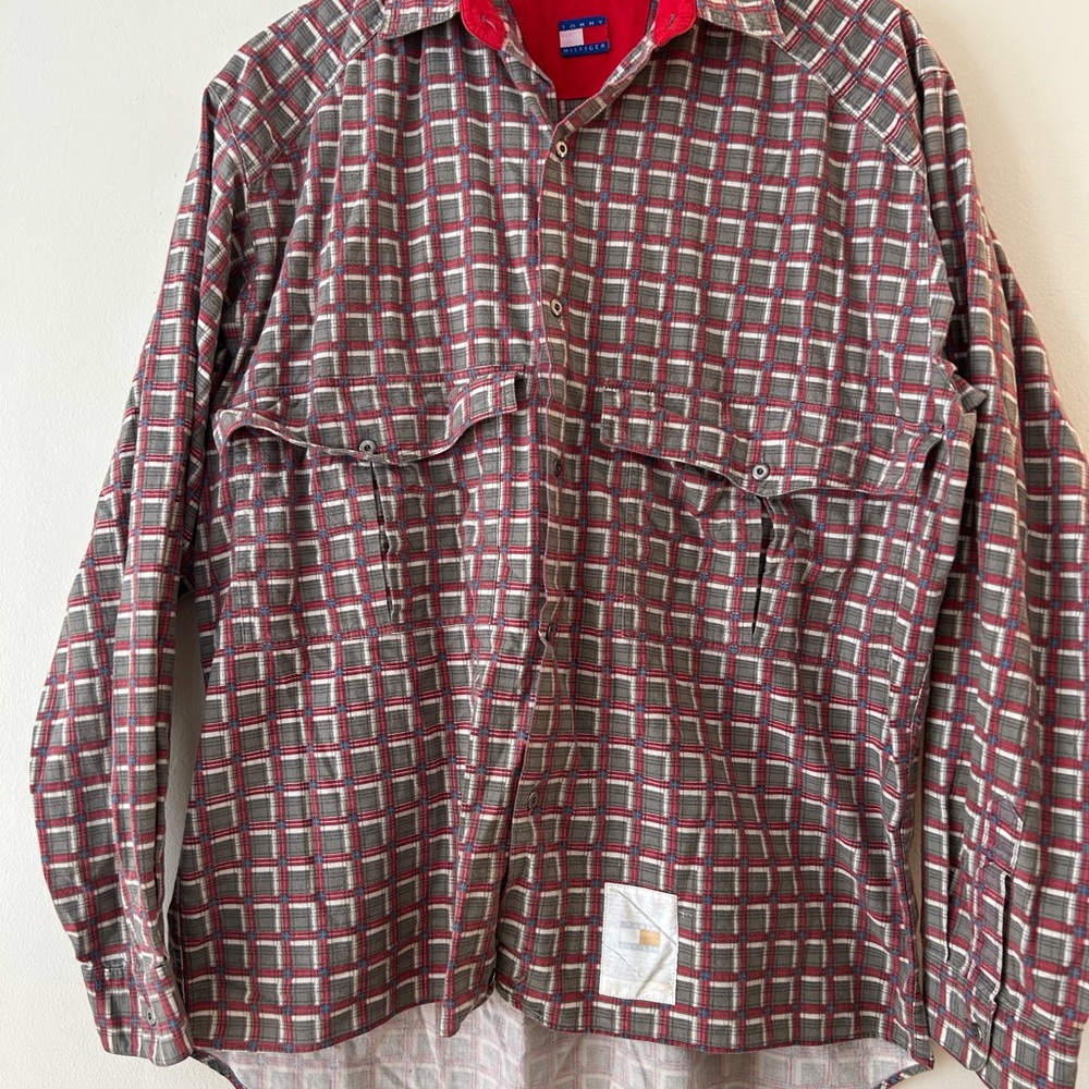 Tommy Hilfiger Red and Gray Plaid Casual Button Down Shirt